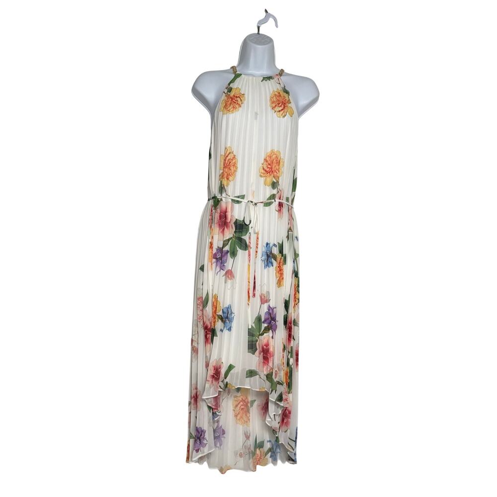 Alex Marie Belle Fleur Dress Size 4 Pleated Belted Sleeveless Floral Gold accent